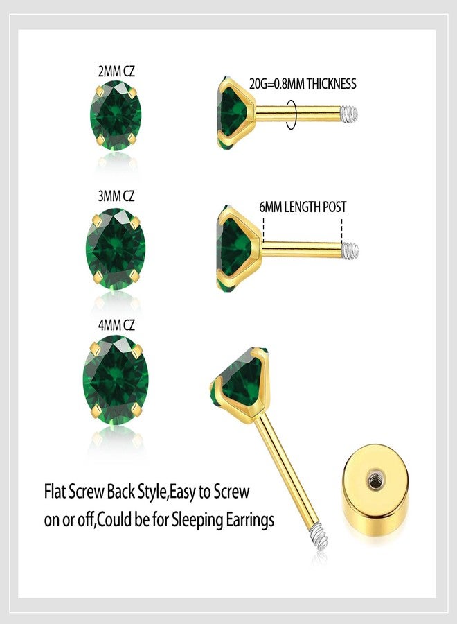 VDKIDKT 3Pairs CZ Stud Flat Screw Back Earring Studs for Women, Handmade 20G Hypoallergenic Screw Back Cartilage Helix Piercing Stud Earrings (2mm/3mm/4mm Gold, Emerald CZ) - Image 3